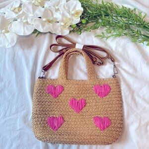 Pink Hearts Tan Raffia Crossbody Summer Beach Bag